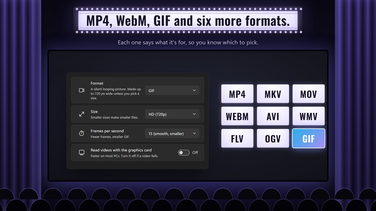 MP4, WebM, GIF and six more formats.