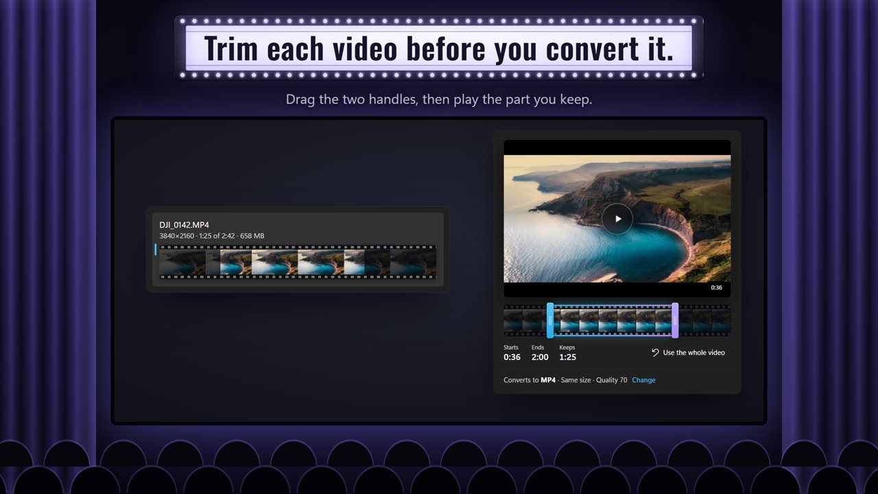 Trim each video before you convert it.