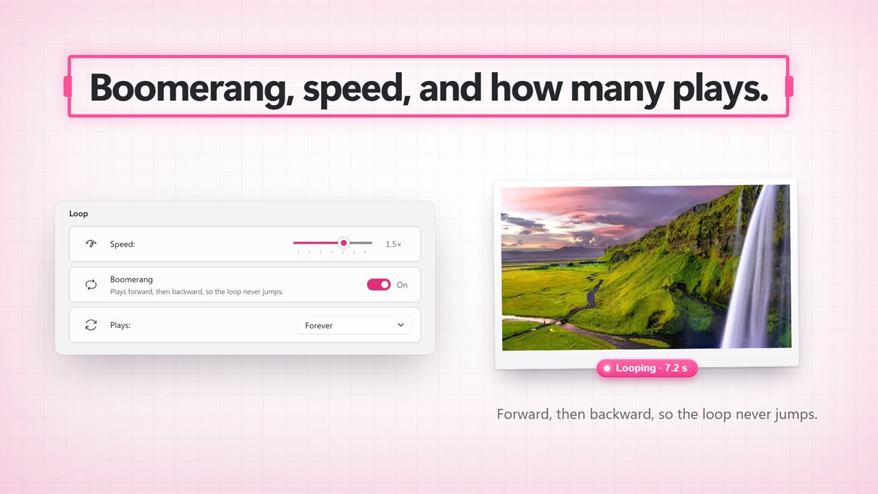 Boomerang, speed, and how many times it plays.