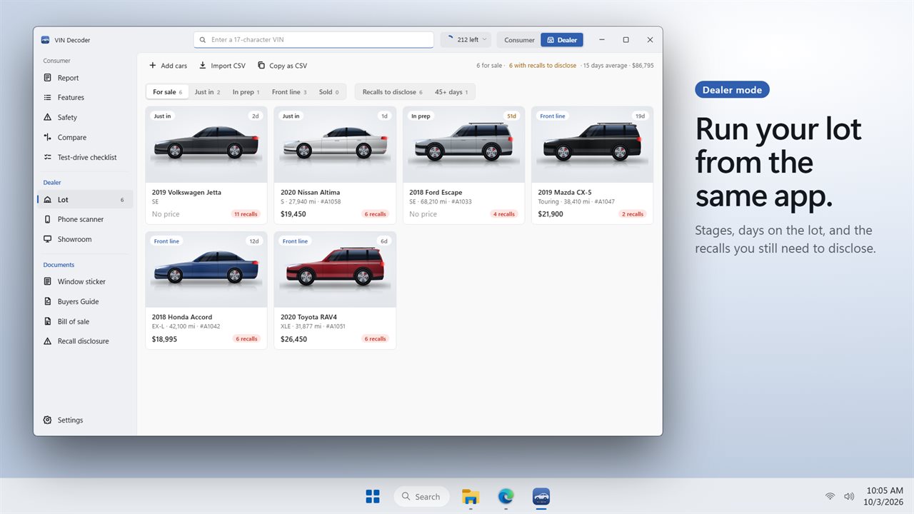 Dealer mode: your lot, with recalls to disclose and days on the lot.