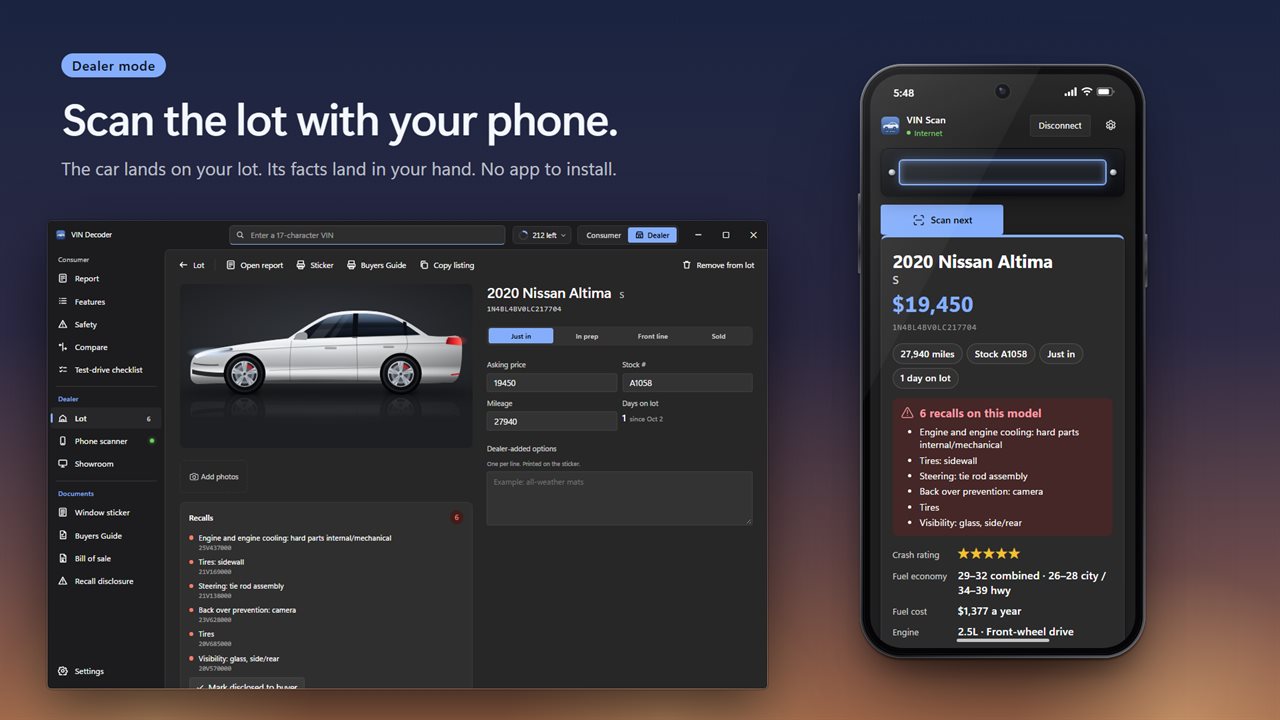 Scan VIN barcodes with your phone and the car lands on your lot.