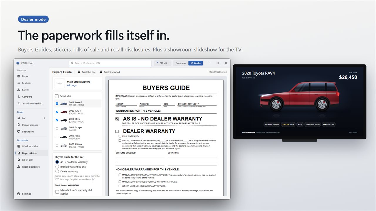 Dealer mode: Buyers Guides, stickers, bills of sale, recall disclosures and a showroom screen.