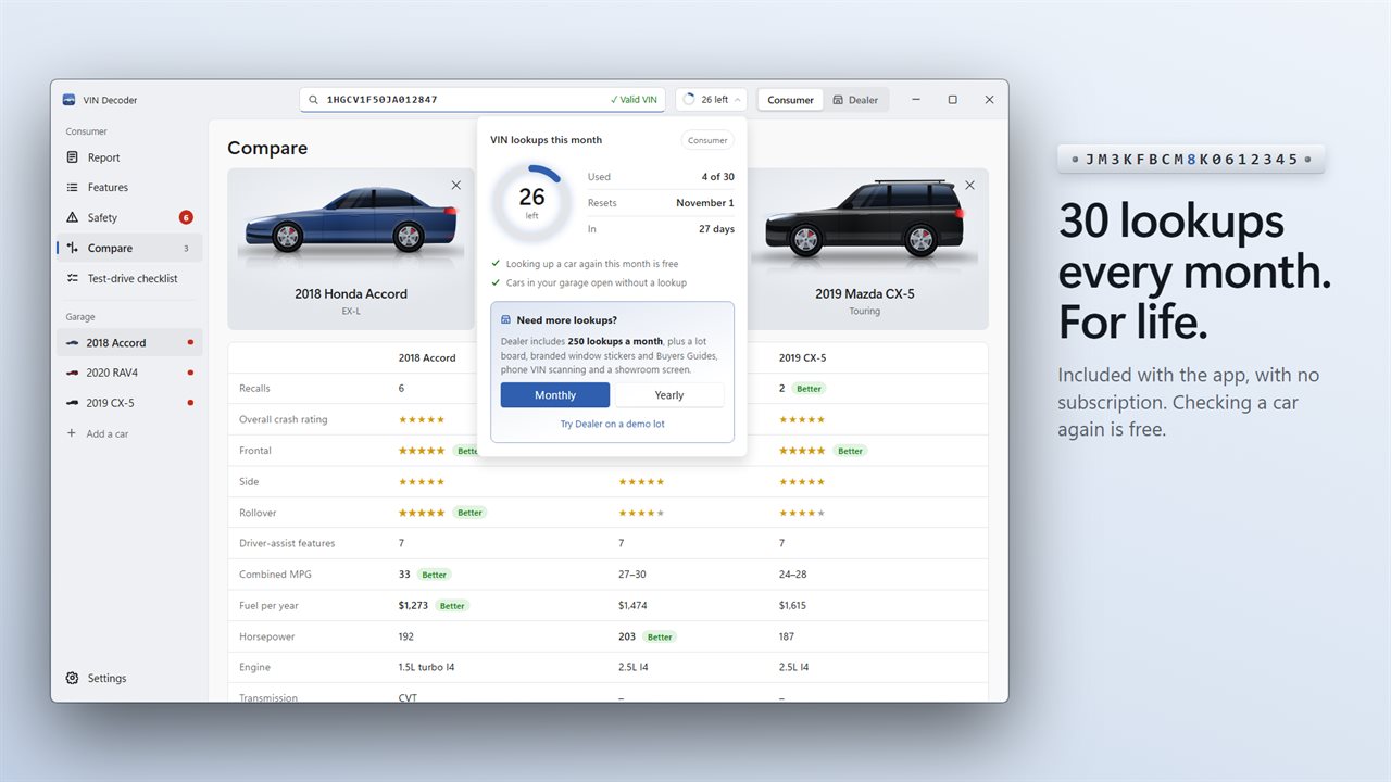 30 VIN lookups every month, included for life. Compare up to 3 cars side by side.
