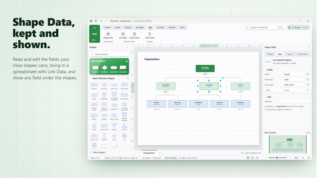 Read and edit Shape Data, link a spreadsheet and show fields under the shapes.