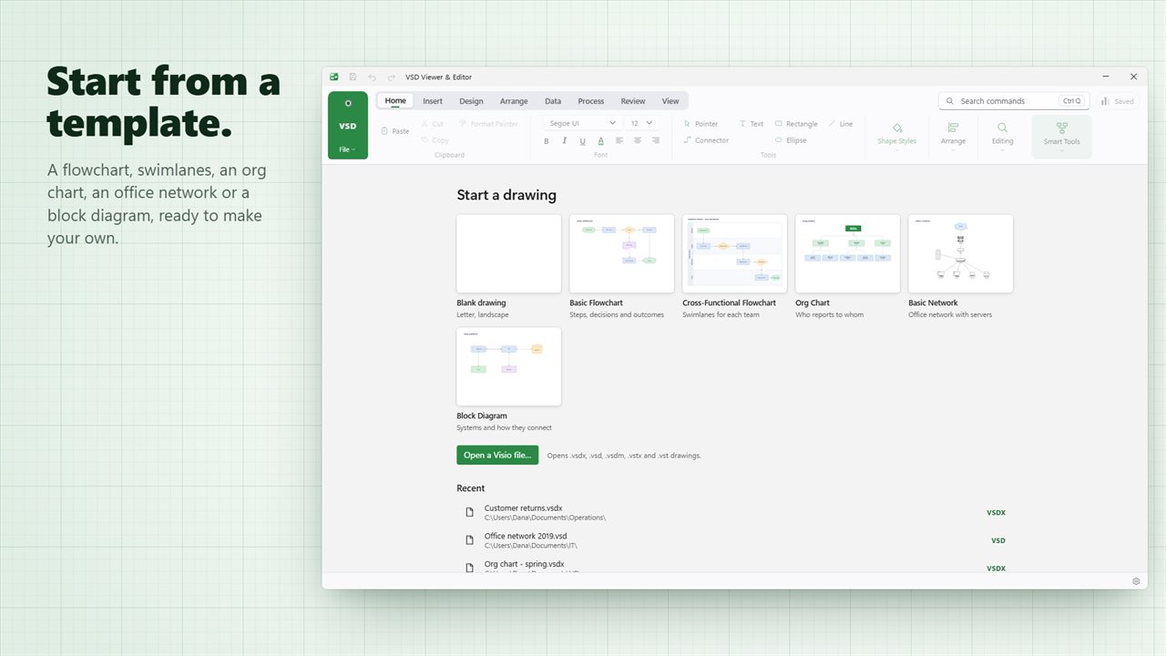 Start from a flowchart, swimlanes, an org chart, a network or a block diagram.