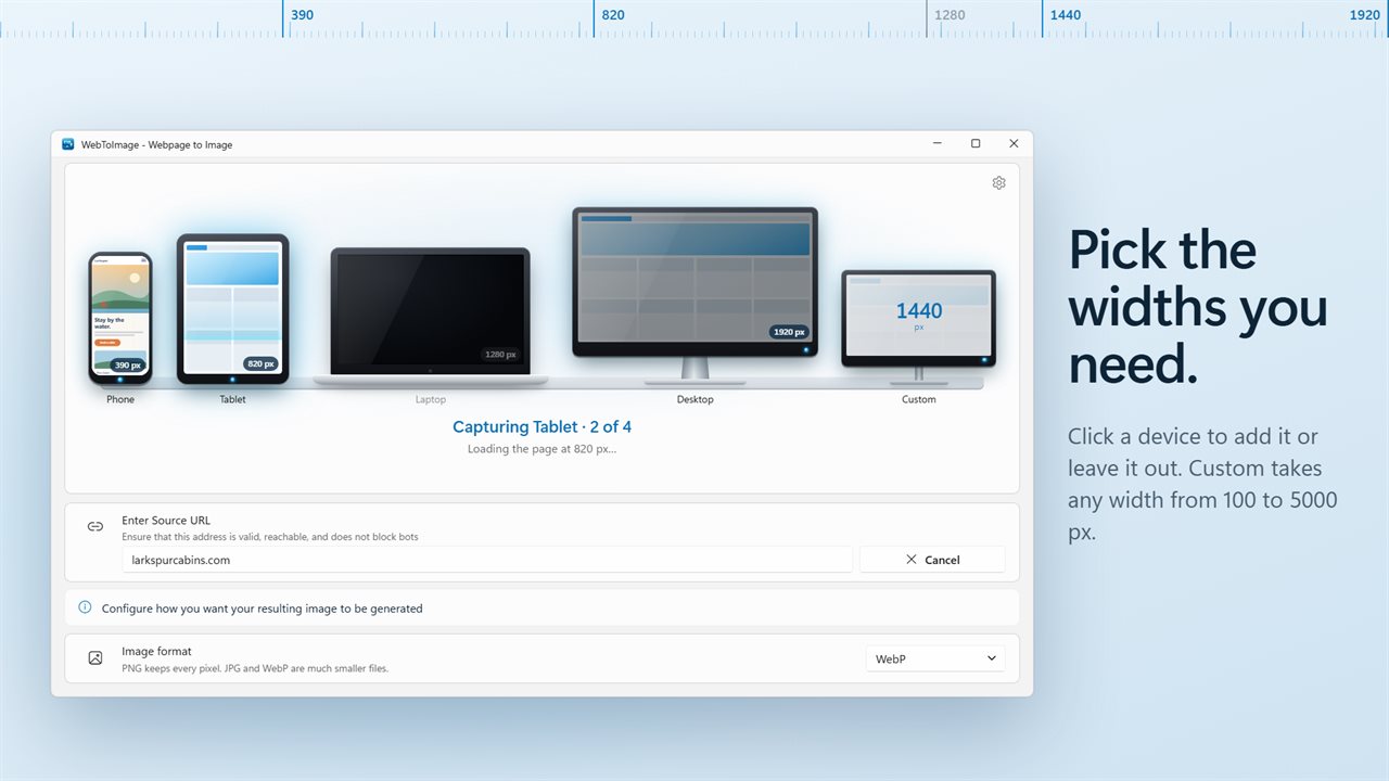 Click a device to include its width or leave it out. Add any custom width.