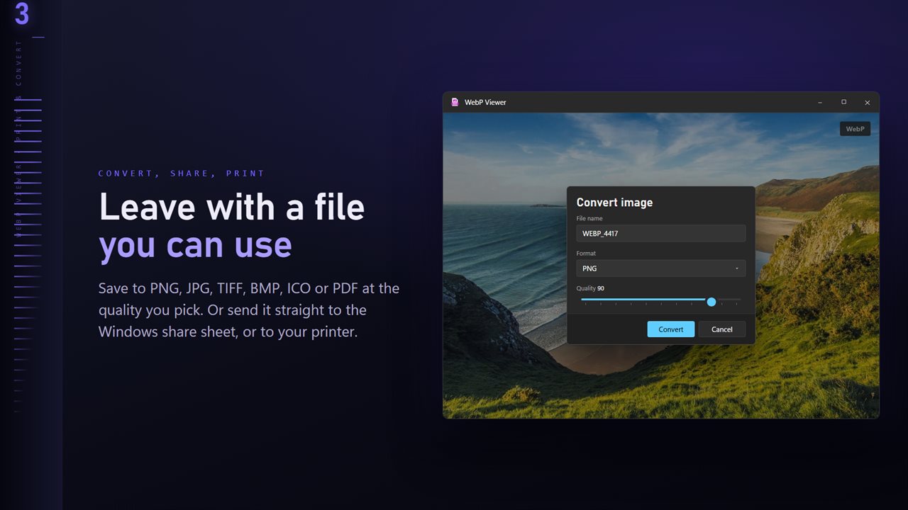 Save to PNG, JPG, TIFF, BMP, ICO or PDF at the quality you pick.