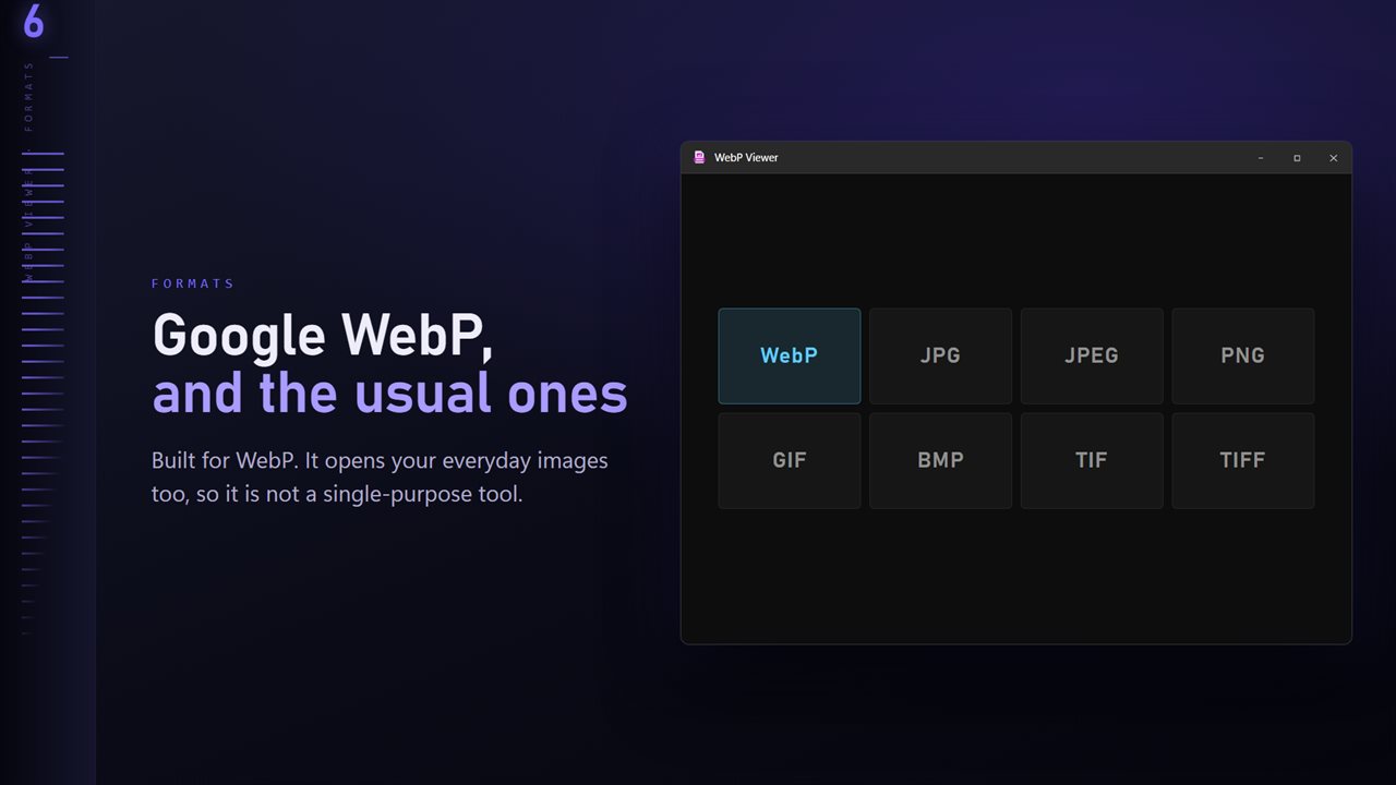 WebP plus the everyday formats: JPG, PNG, GIF, BMP and TIFF.