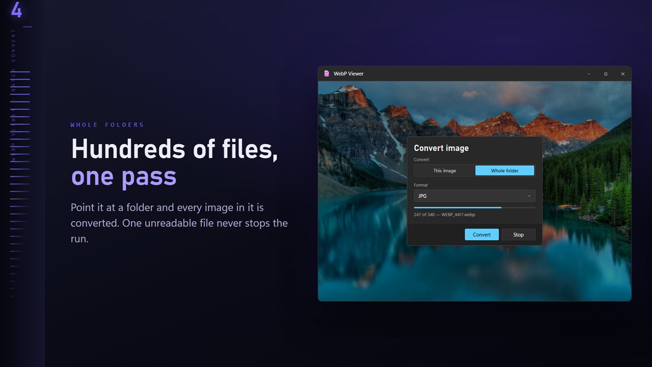 Convert a whole folder in one pass. One unreadable file never stops the run.