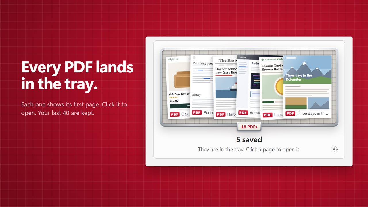Every PDF lands in the tray, showing its first page.