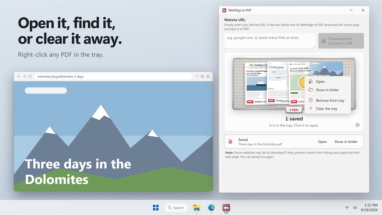 Right-click to open a PDF, show it in its folder, or clear the tray.
