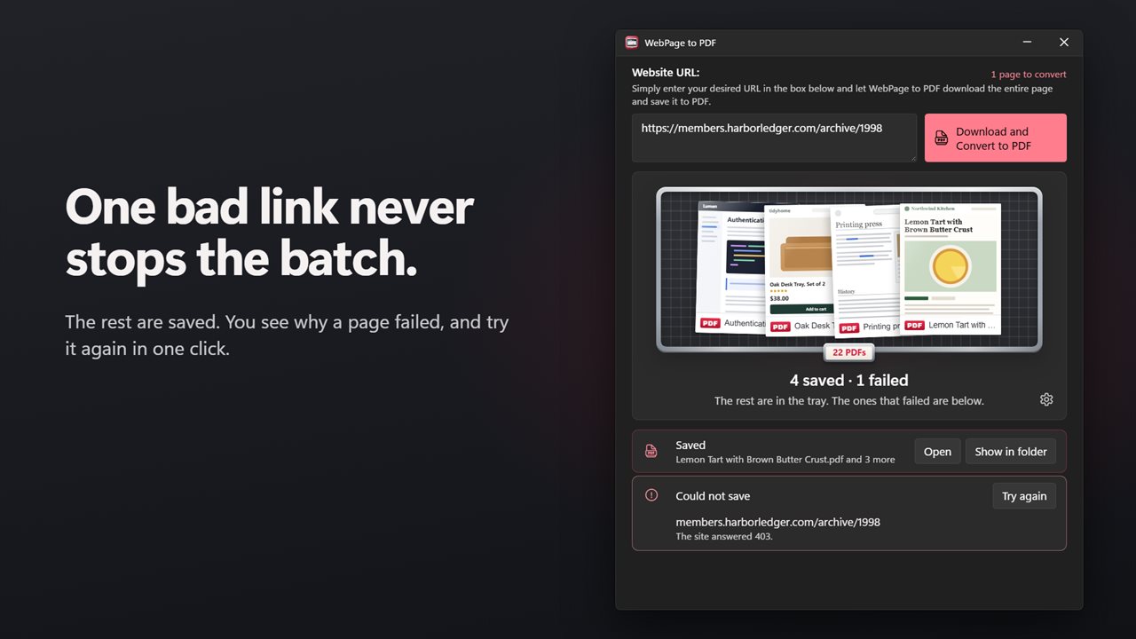 One bad link never stops the batch. See why, and try again.