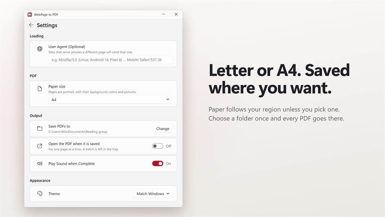 Letter or A4, saved to the folder you pick.