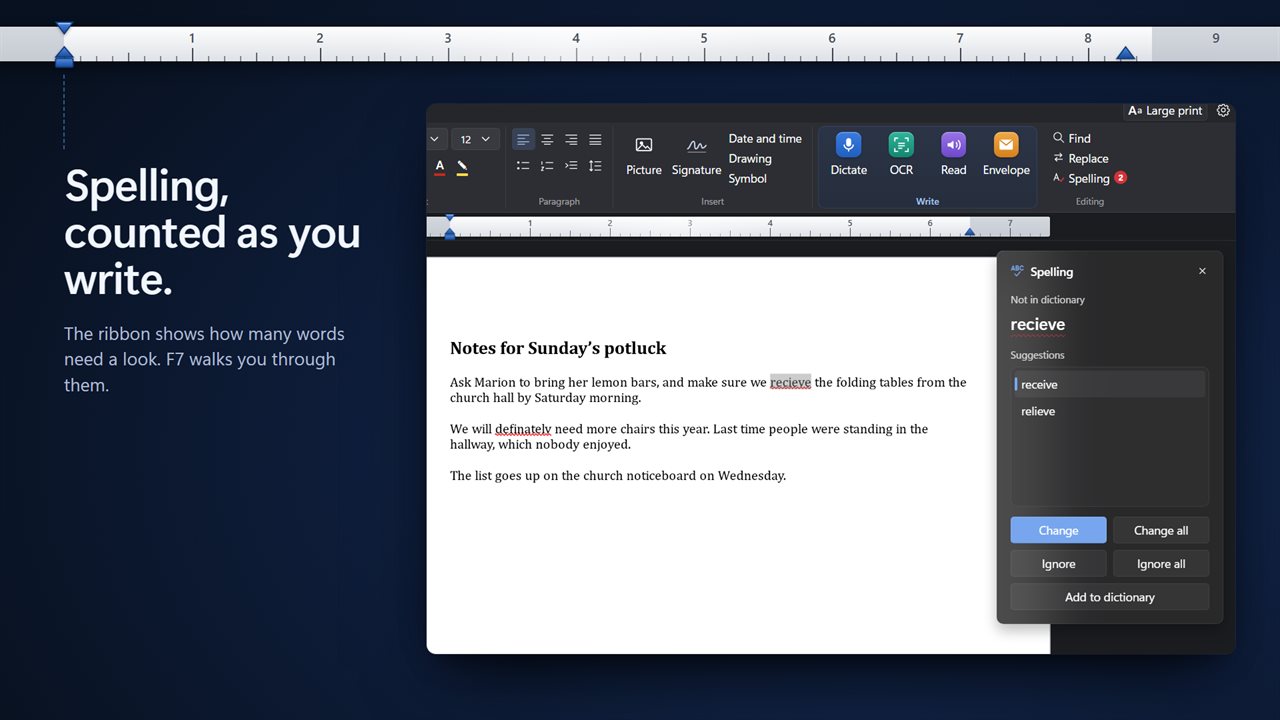 Spelling checked as you type, with a live count.