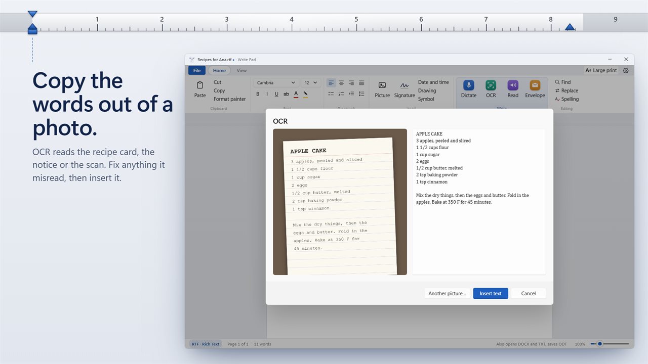 OCR copies the text out of a photo, ready to fix and insert.