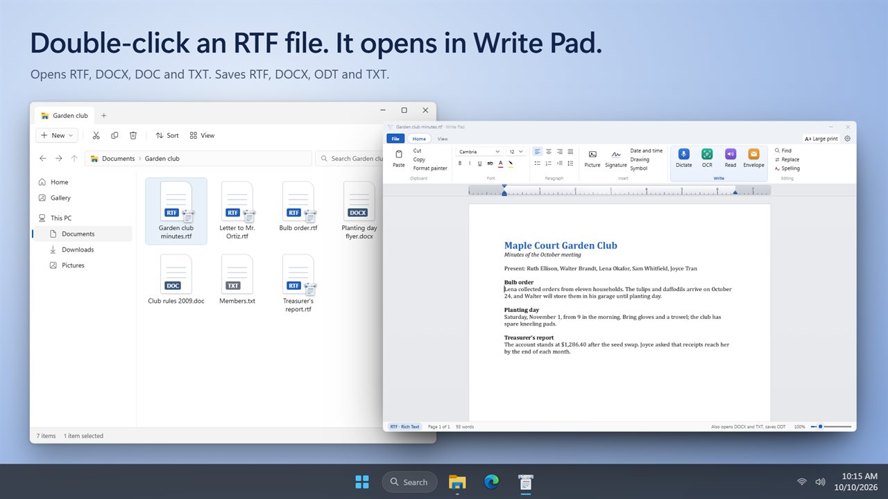 Double-click an RTF file in File Explorer and it opens in Write Pad.