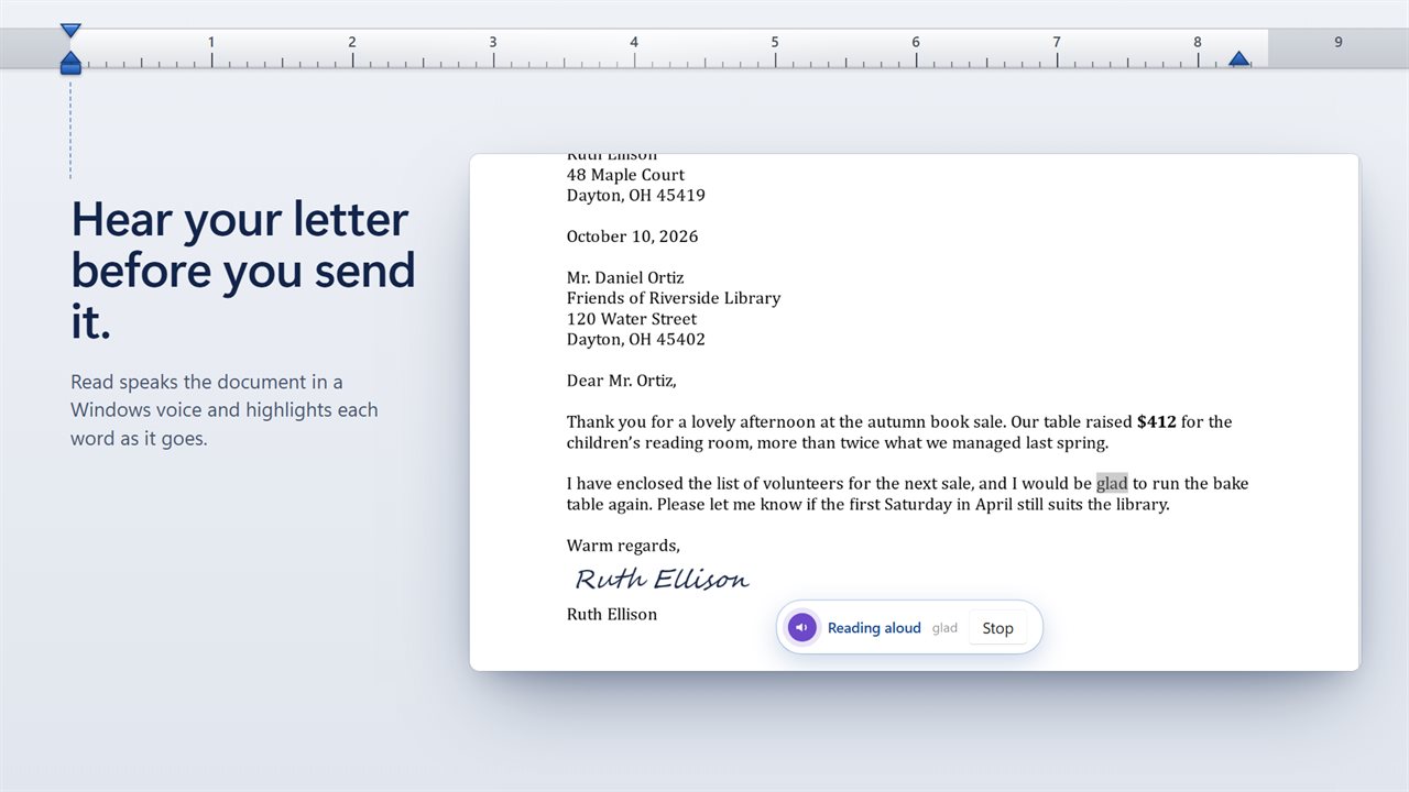Read speaks your document and highlights each word.