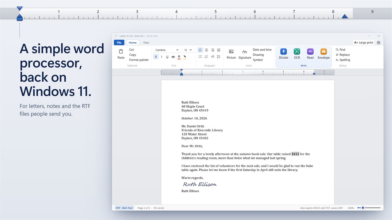 Write a letter on a ribbon laid out the way WordPad's was.