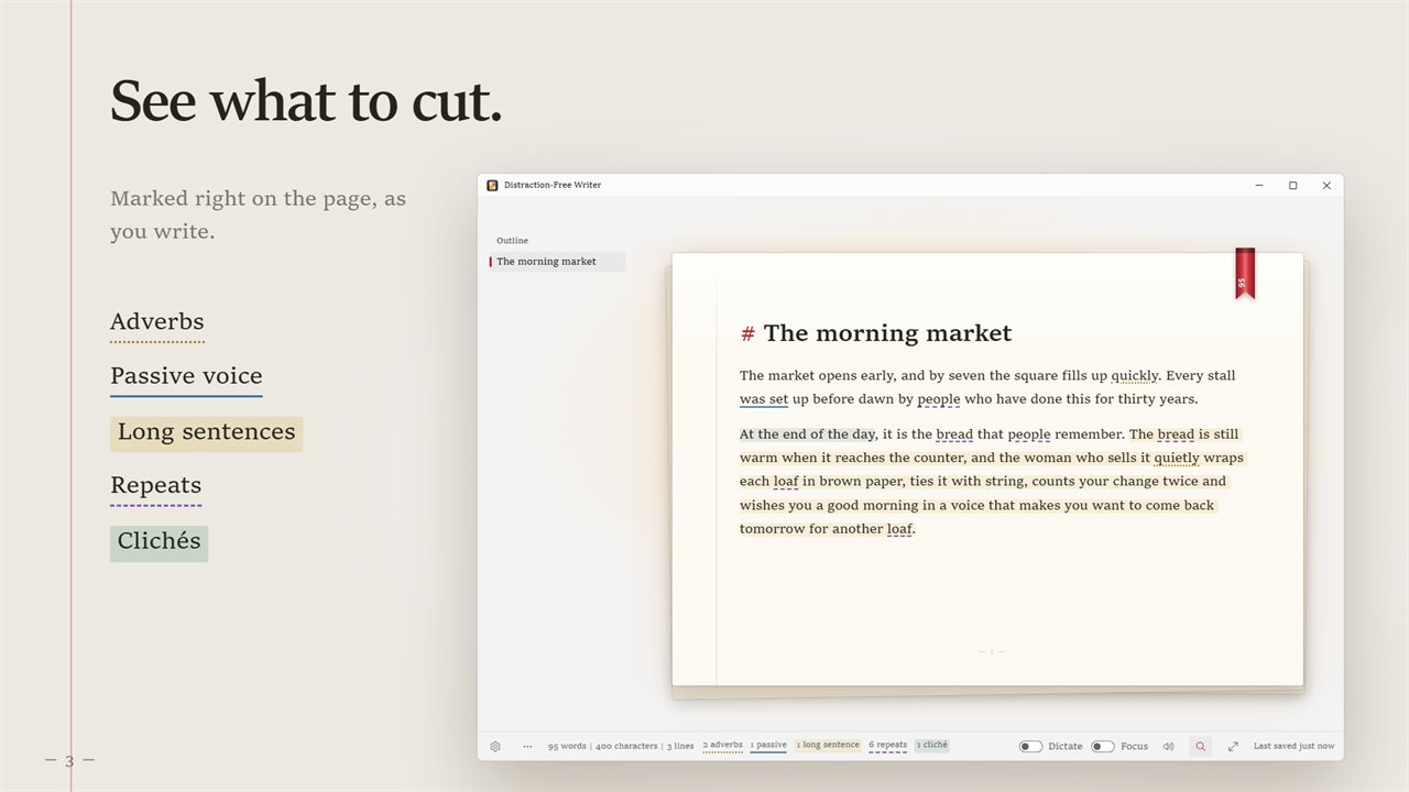 The style lens marks adverbs, passive voice, long sentences, repeats and clichés.
