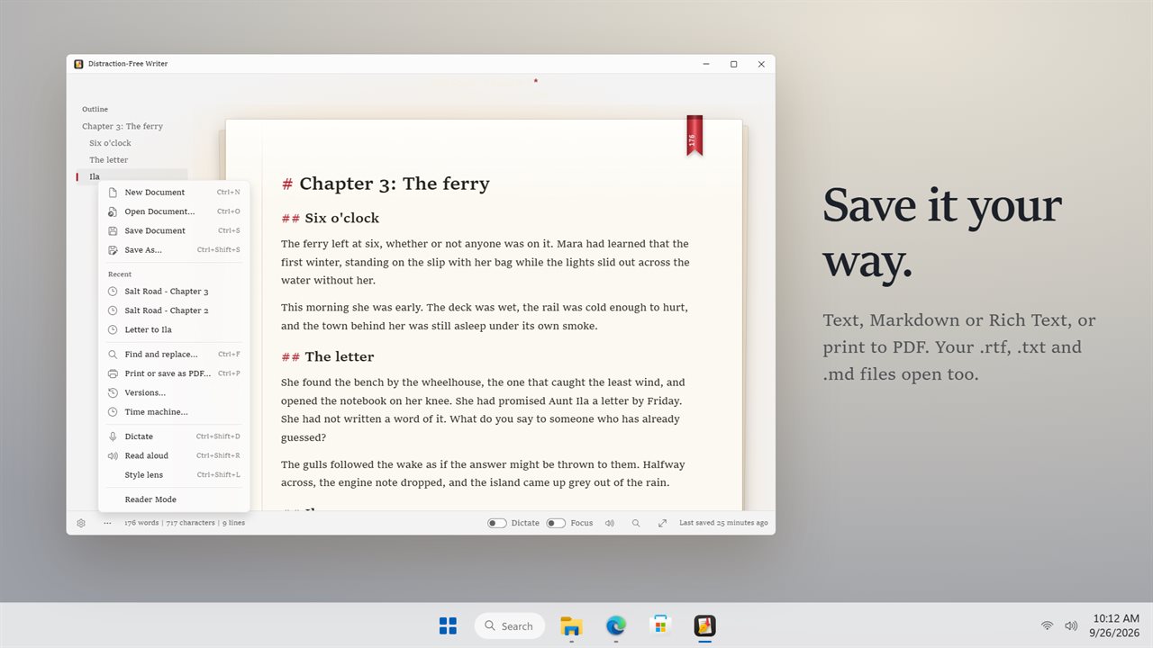 Save as text, Markdown or Rich Text, or print to PDF.