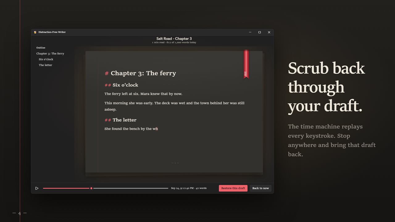 The time machine scrubs back through your draft, keystroke by keystroke.