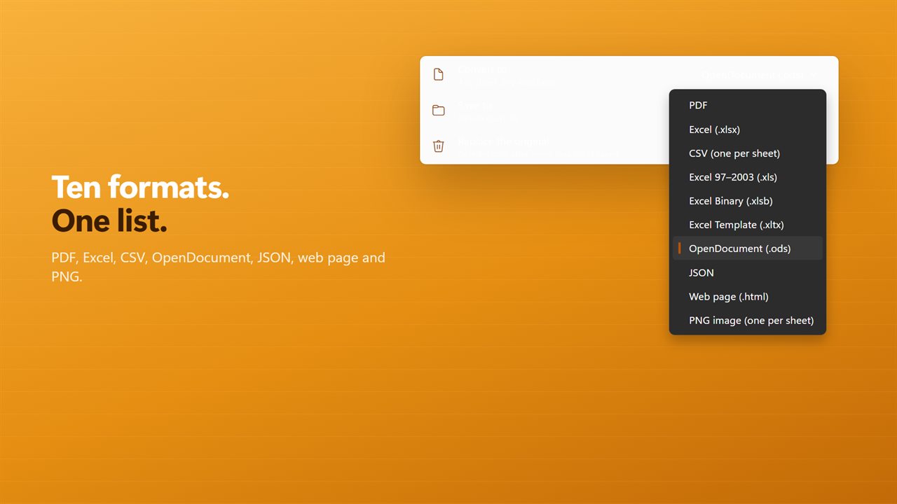 Ten formats, from PDF to OpenDocument.