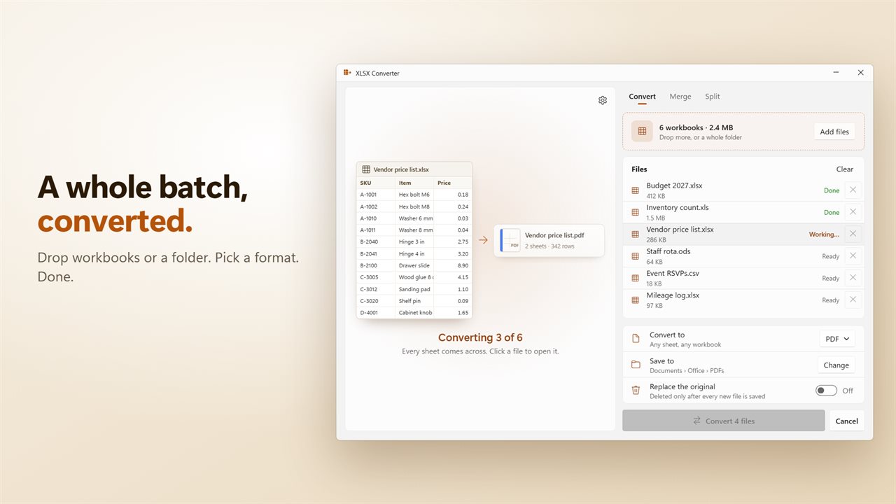 Convert a whole batch of workbooks at once.