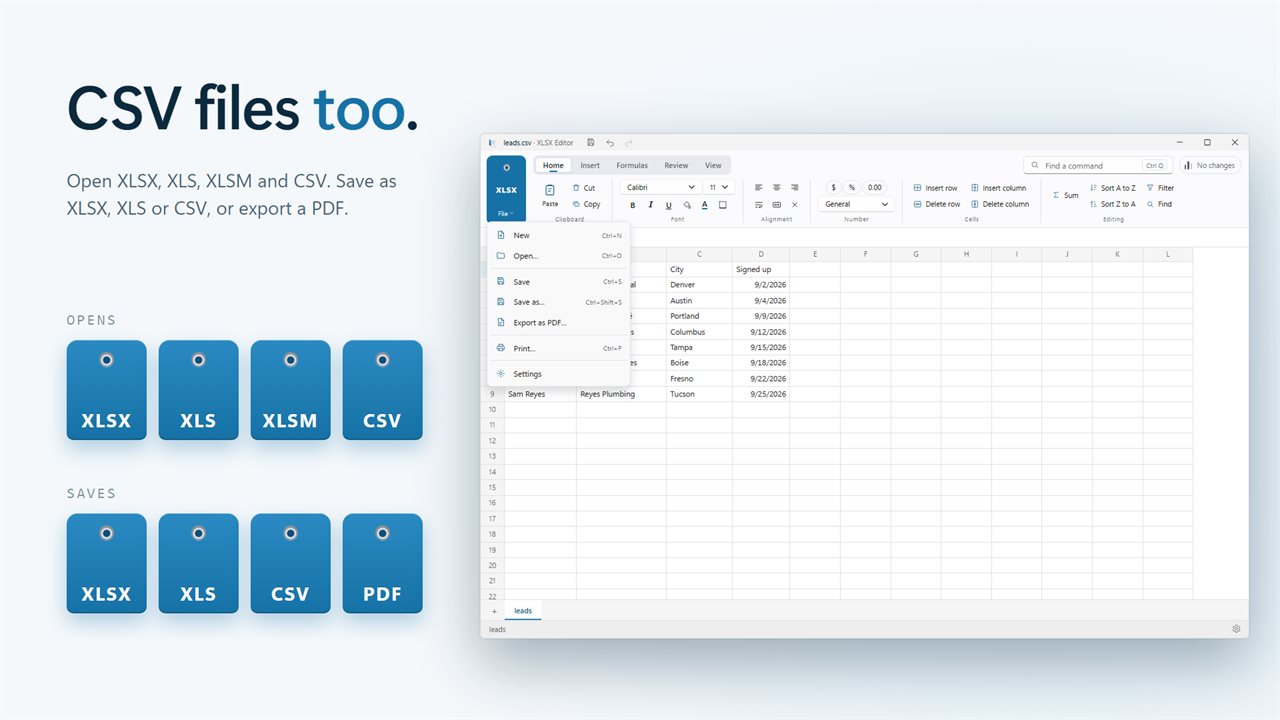 Opens XLSX, XLS, XLSM and CSV. Save as XLSX, XLS or CSV, or export a PDF.