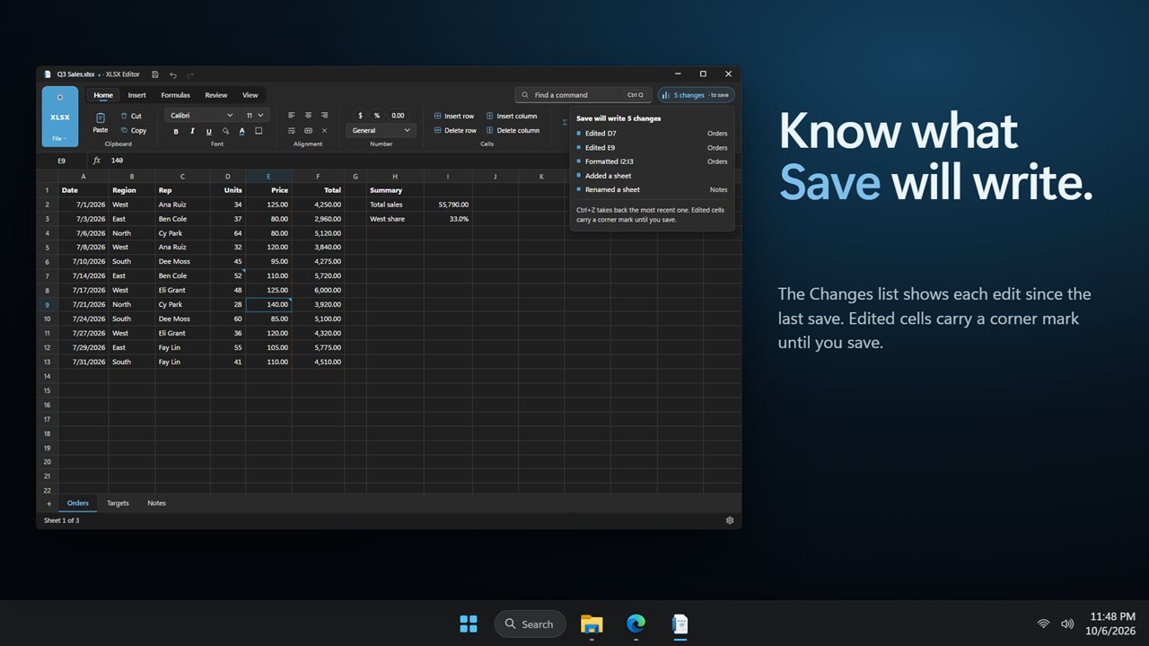 The Changes list shows exactly what Save will write.