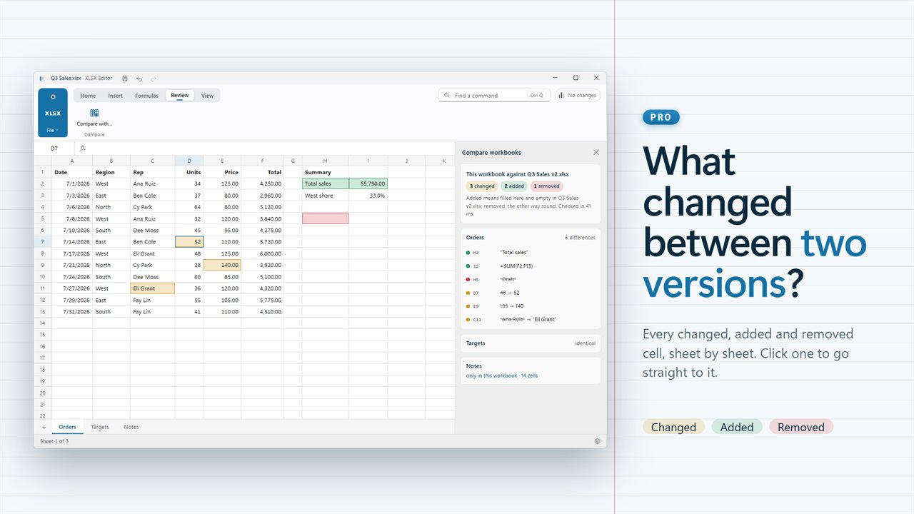 Pro: Compare two workbooks and step through every changed, added and removed cell.