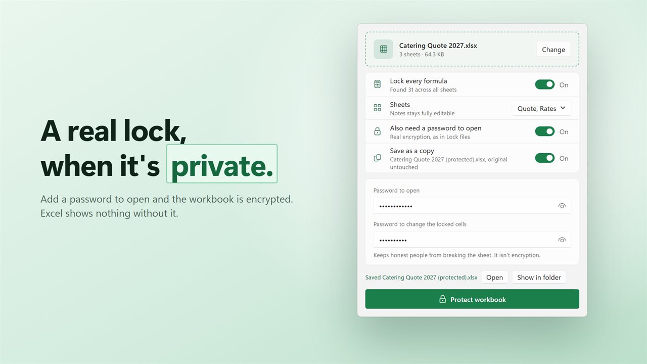 Add a password to open, and the workbook is encrypted.