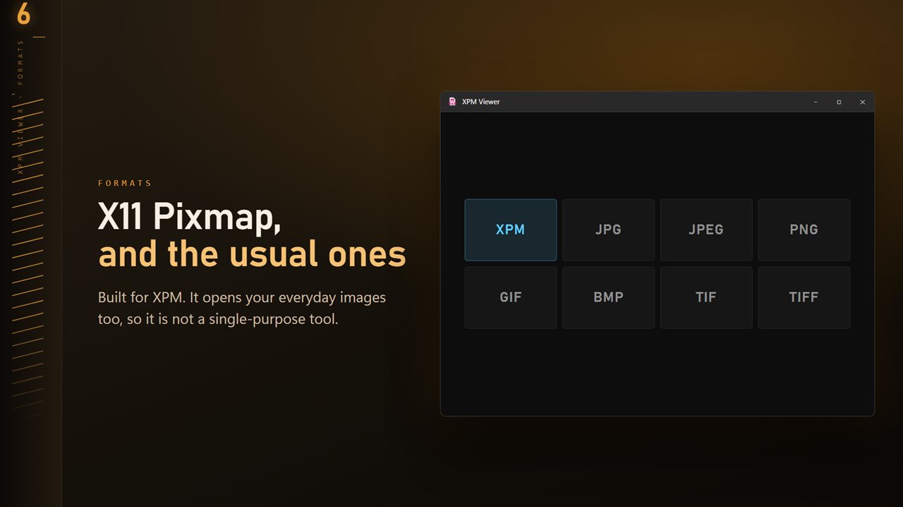 XPM plus the everyday formats: JPG, PNG, GIF, BMP and TIFF.