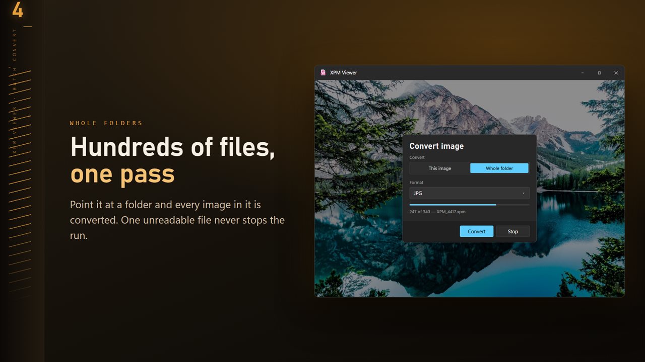 Convert a whole folder in one pass. One unreadable file never stops the run.