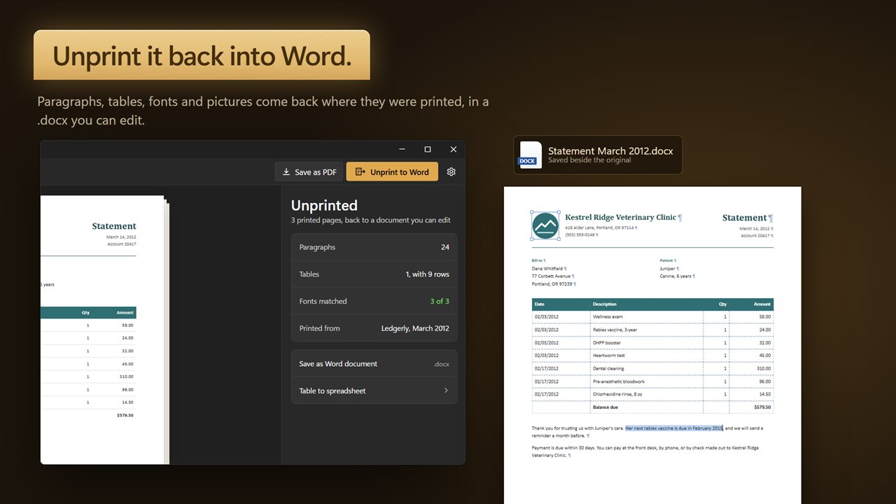 Unprint the pages back into a Word document you can edit.
