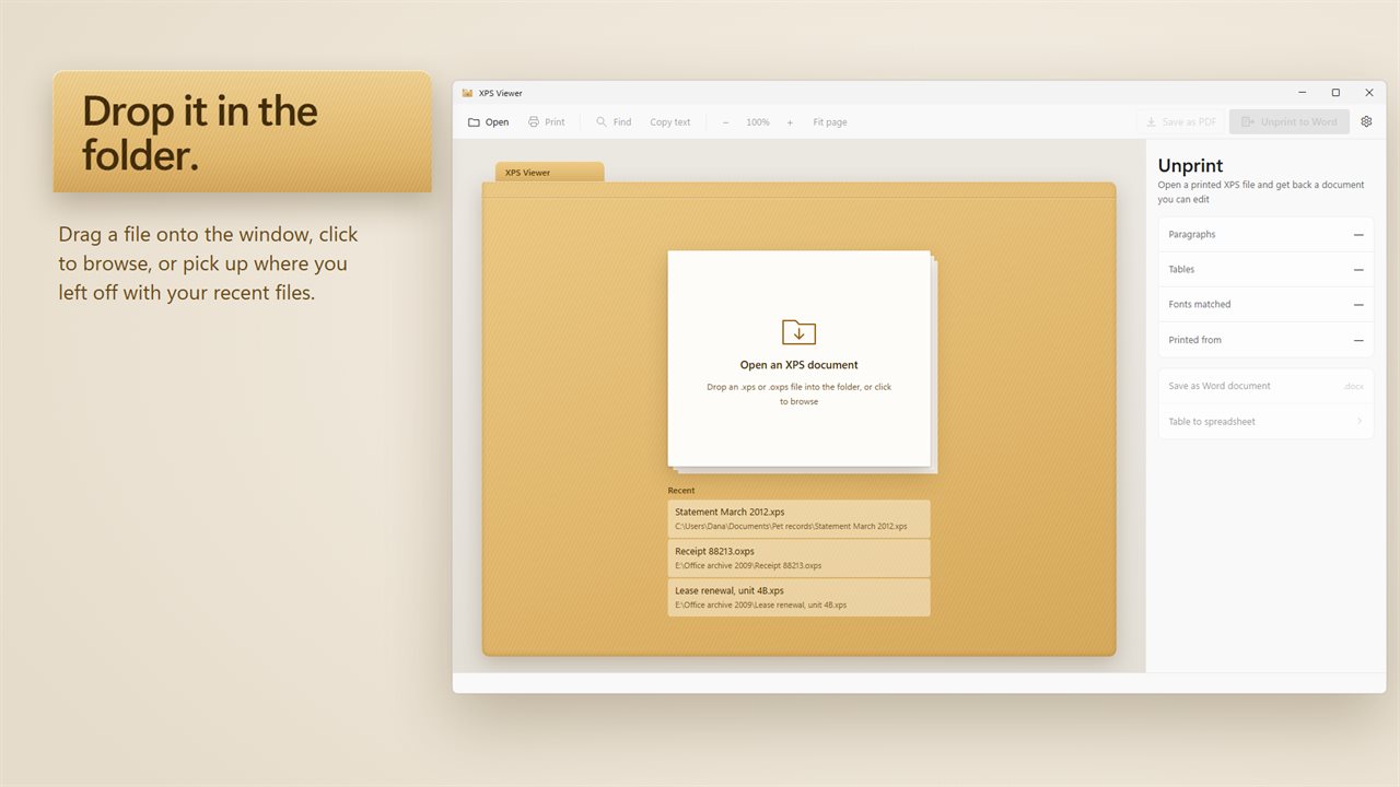 Drop a file in the folder, or pick a recent one.